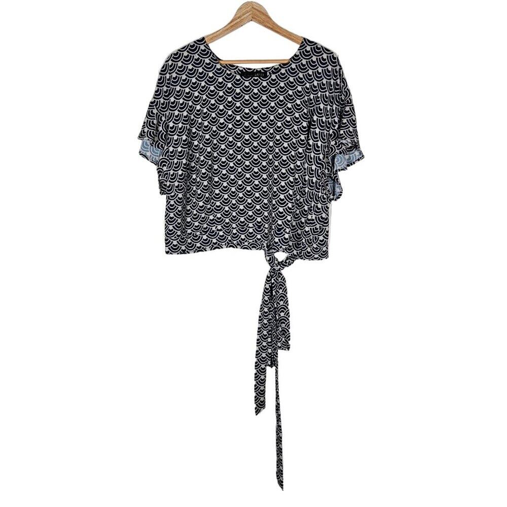 Eloquii Womens Top 18 Plus Size Black White Scallop Print Short Sleeve Tie Hem